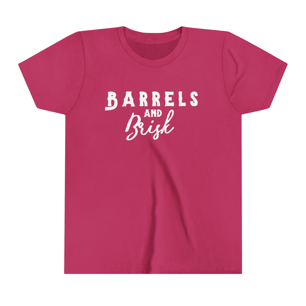 Berry youth short sleeve with white lettering reading "Barrels and Brisk".