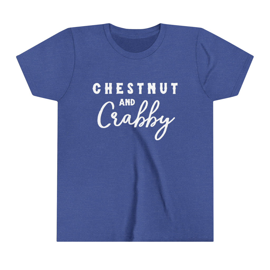 Royal youth short sleeve with white lettering reading "Chestnut and Crabby".