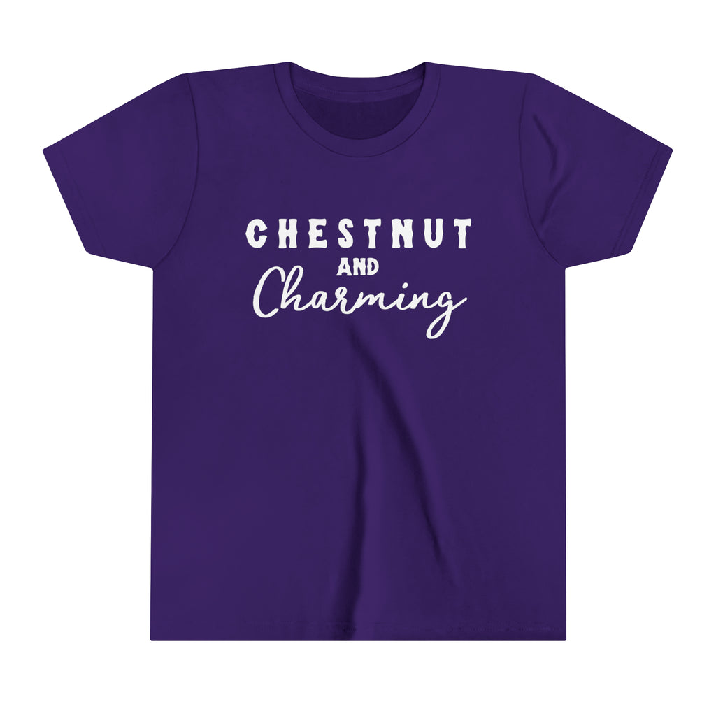 Purple youth short sleeve with white lettering reading "Chestnut and Charming". 