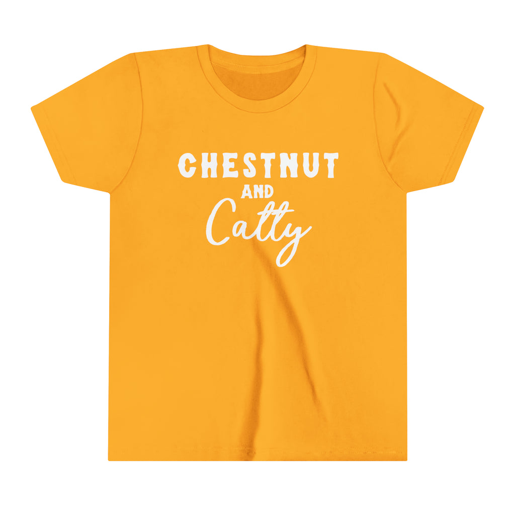 Gold youth short sleeve with white lettering reading "Chestnut and Catty". 