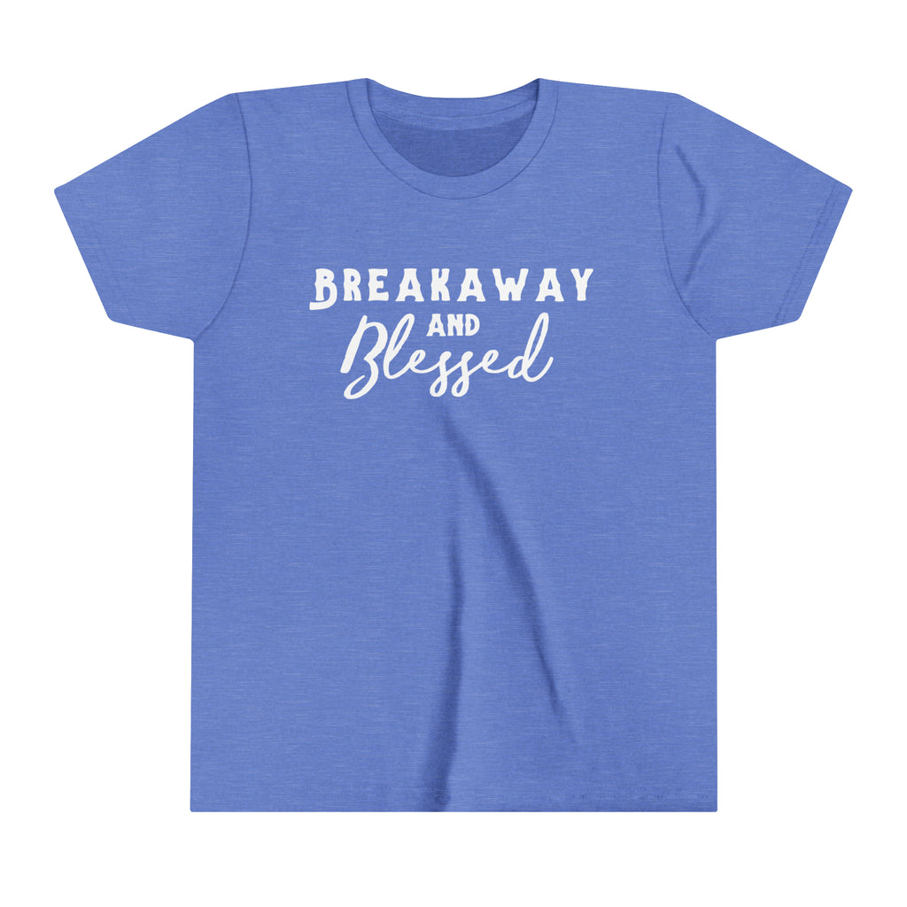 Blue youth short sleeve with white lettering reading "Breakaway and Blessed".