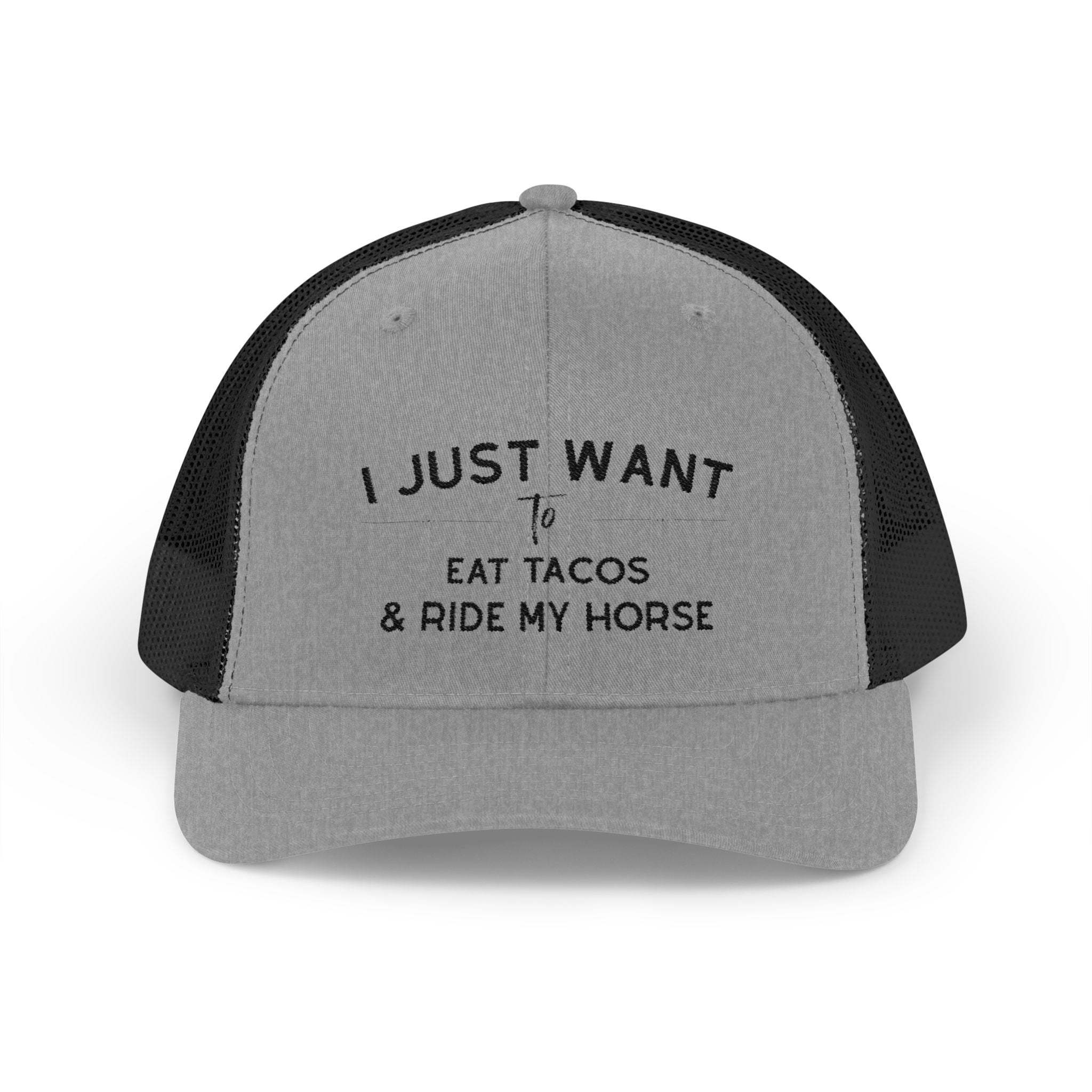 I Just Want To Eat Tacos And Ride My Horse Trucker Hat Hats The Cinchy Cowgirl - Print Heather Grey / Black One size
