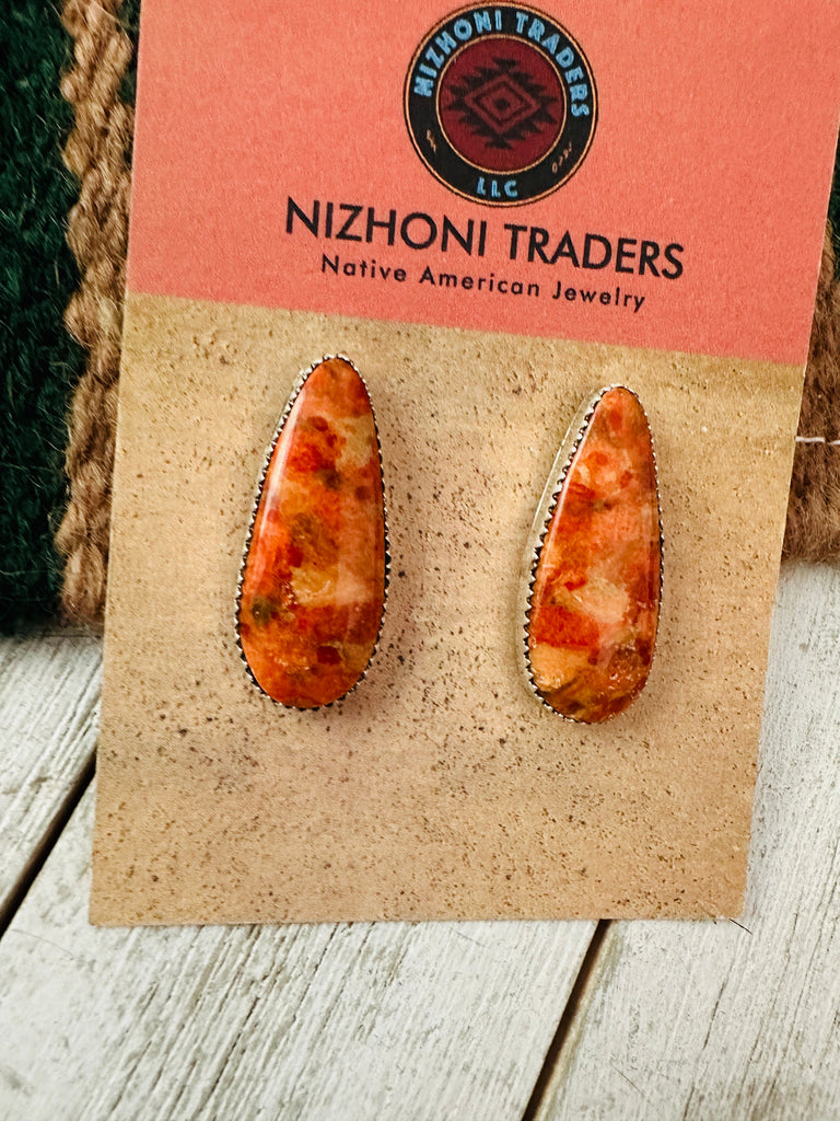 Navajo Sterling Silver Apple Coral Dangle Earrings NT jewelry Nizhoni Traders LLC   