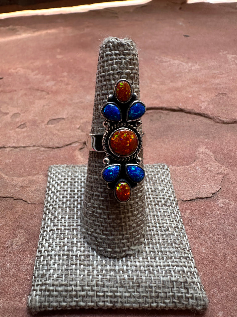 Handmade Blue & Orange Fire Opal And Sterling Silver Adjustable Ring NT jewelry Nizhoni Traders LLC   
