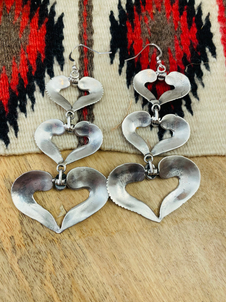 Three Tier Feather Heart Dangle Earrings NT jewelry Nizhoni Traders LLC   