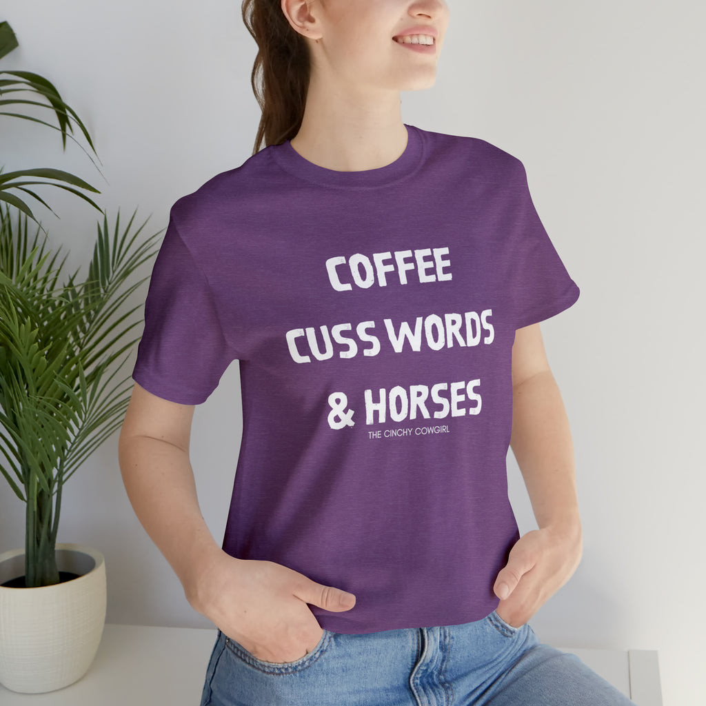 Coffee, Cuss Words, & Horses Short Sleeve Tee tcc graphic tee Printify Heather Team Purple XS 