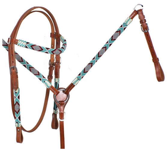 Turquoise, Red & Rawhide Accent Beaded Headstall Set headstall set Shiloh   