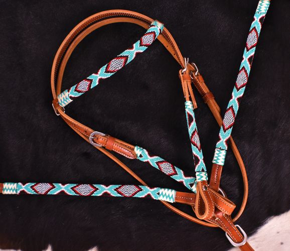 Turquoise, Red & Rawhide Accent Beaded Headstall Set headstall set Shiloh   