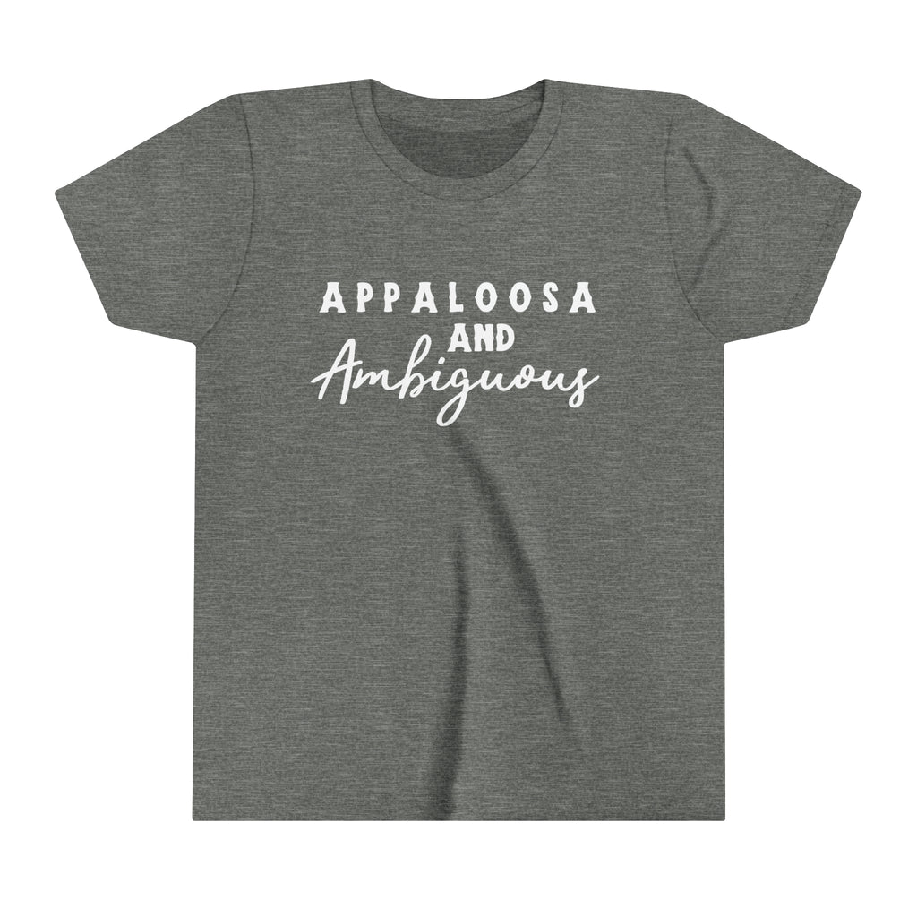 Western grey youth short sleeve with white lettering that reads "Appaloosa & Ambiguous".
