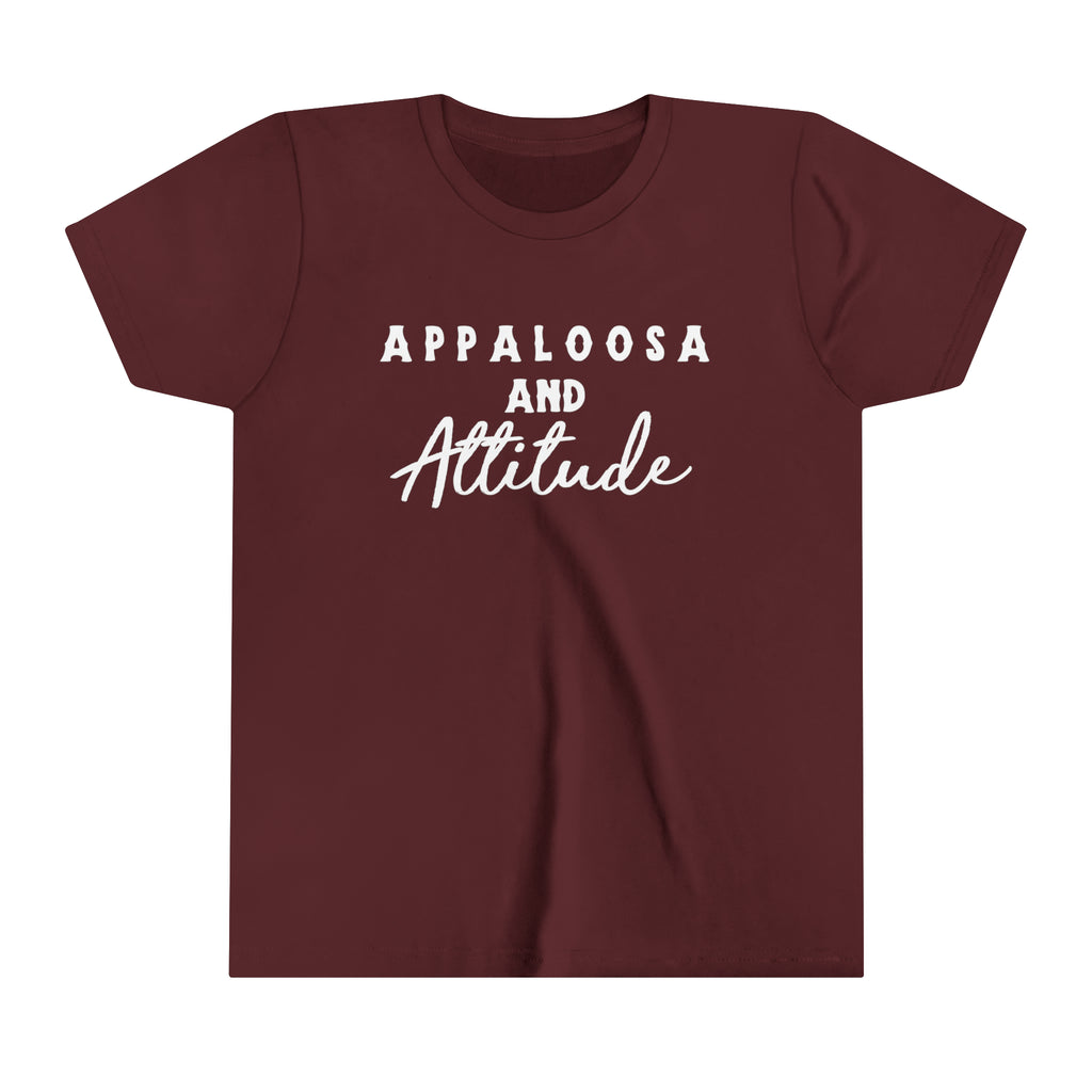 Western maroon youth short sleeve with white lettering that reads "Appaloosa & Attitude".