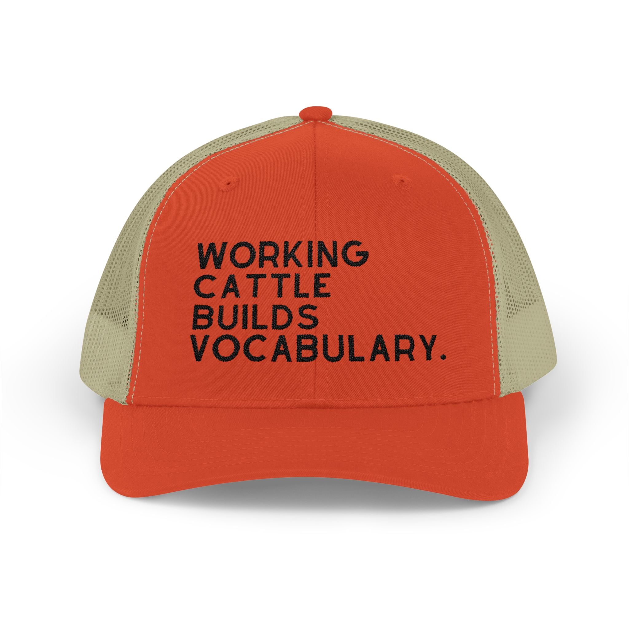 Embroidered Working Cattle Builds Vocabulary Trucker Hat [23 Colors] Embroidered TCC Hat The Cinchy Cowgirl - Print Rustic Orange / Khaki