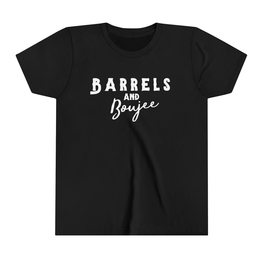 Black youth short sleeve with white lettering reading "Barrels and Boujee".