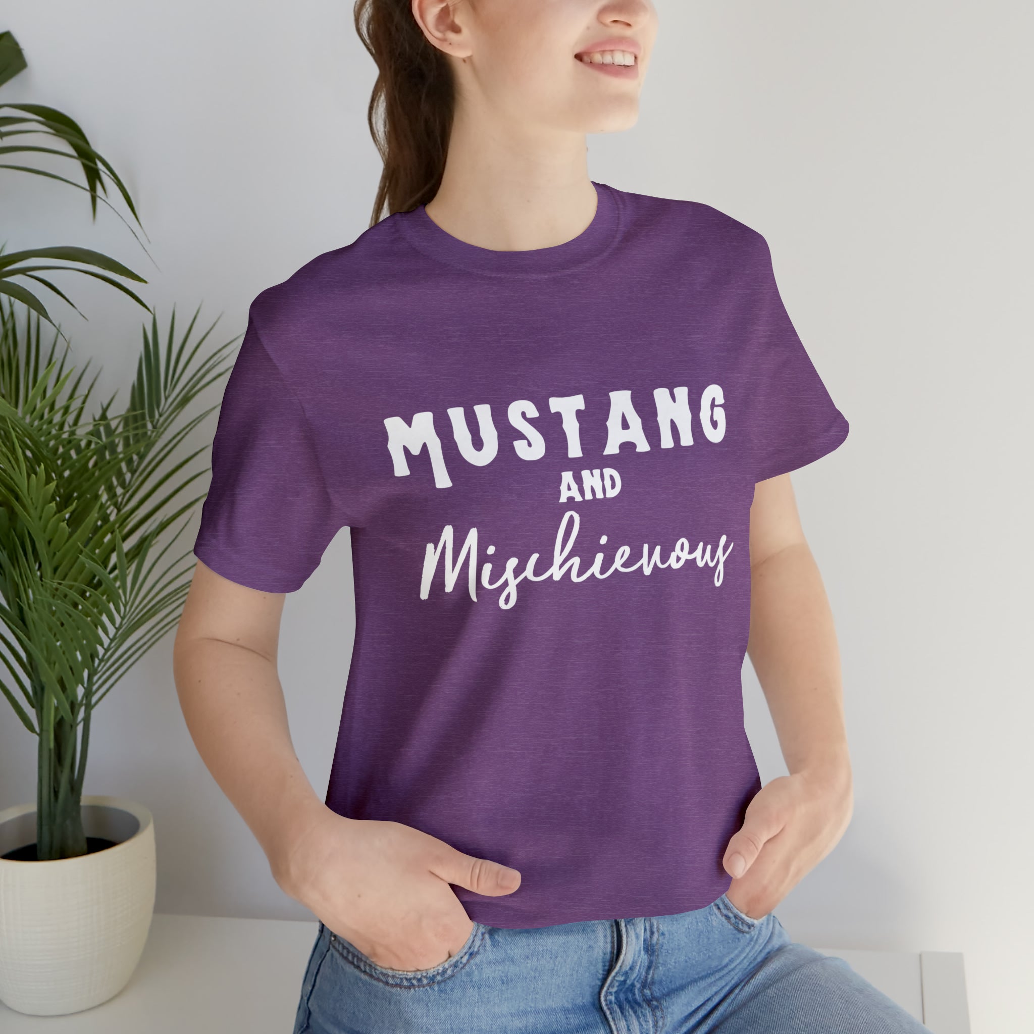 Mustang & Mischievous Short Sleeve Tee Horse Color Shirt Printify Heather Team Purple XS 