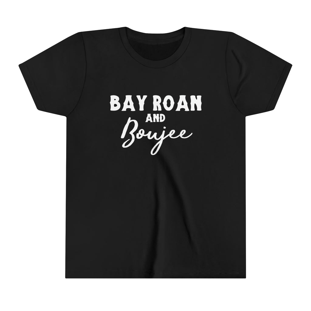 Black youth short sleeve with white lettering reading "Bay Roan and Boujee".