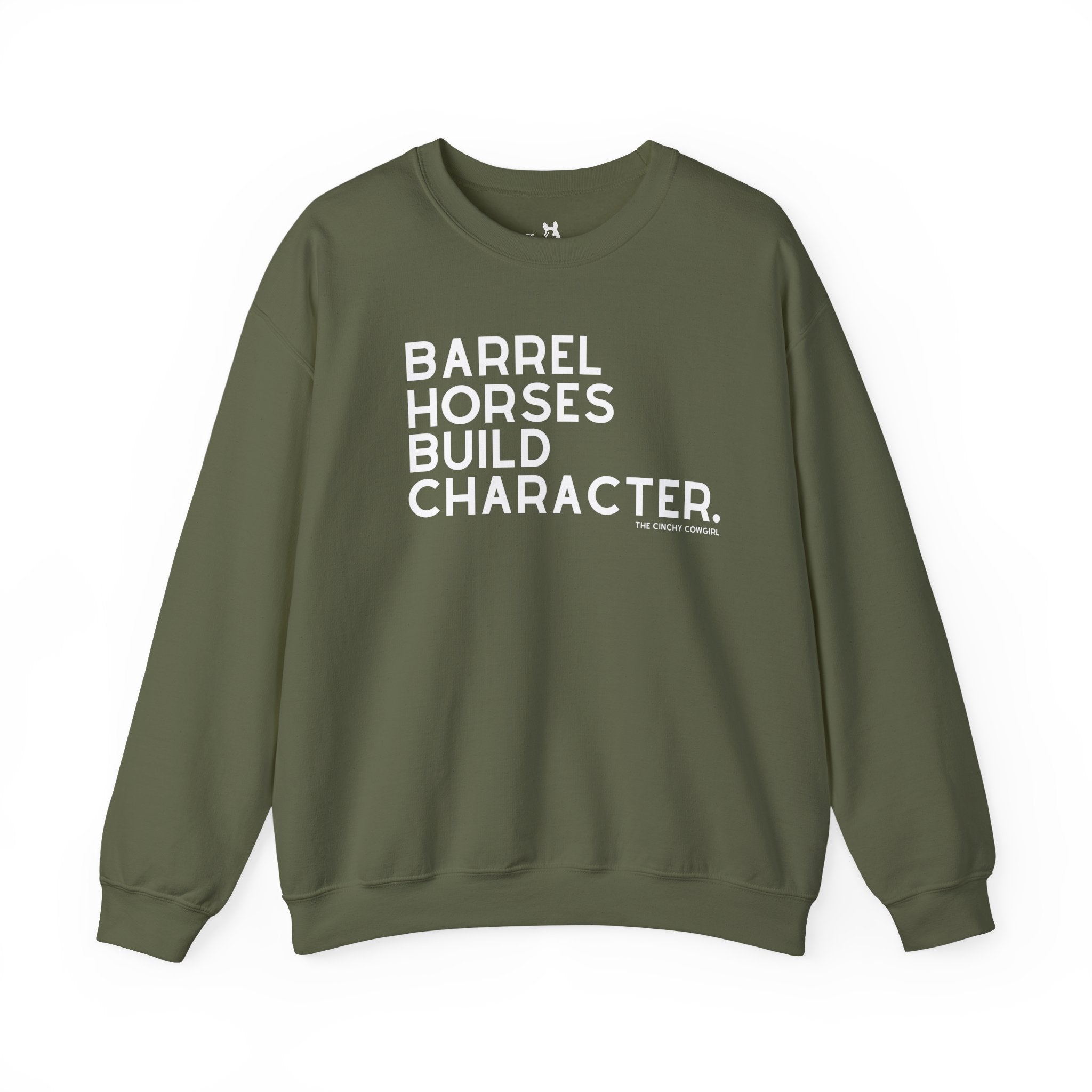 Barrel Horses Build Character Pullover Sweatshirt The Cinchy Cowgirl - Print S Military Green