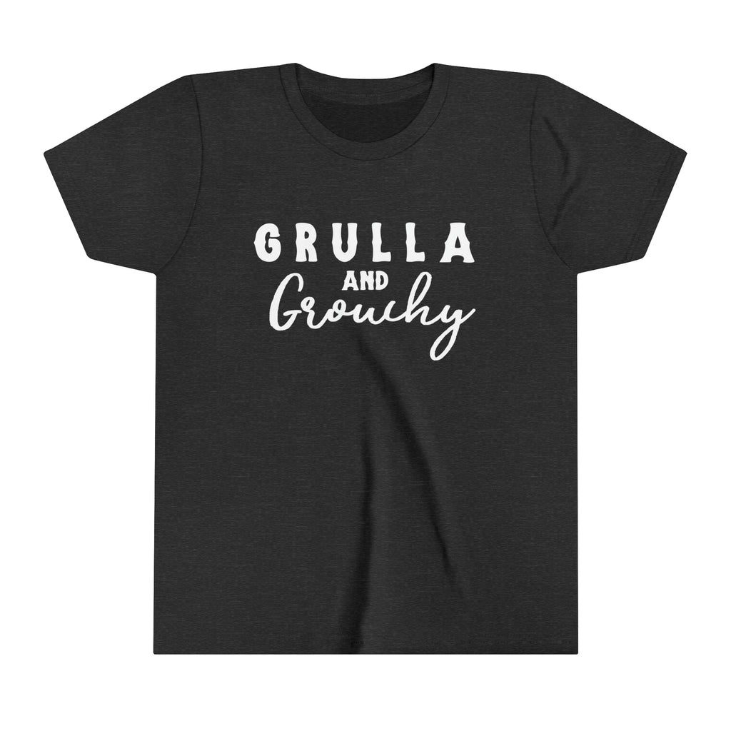 Dark grey youth short sleeve with white lettering reading "Grulla and Grouchy".