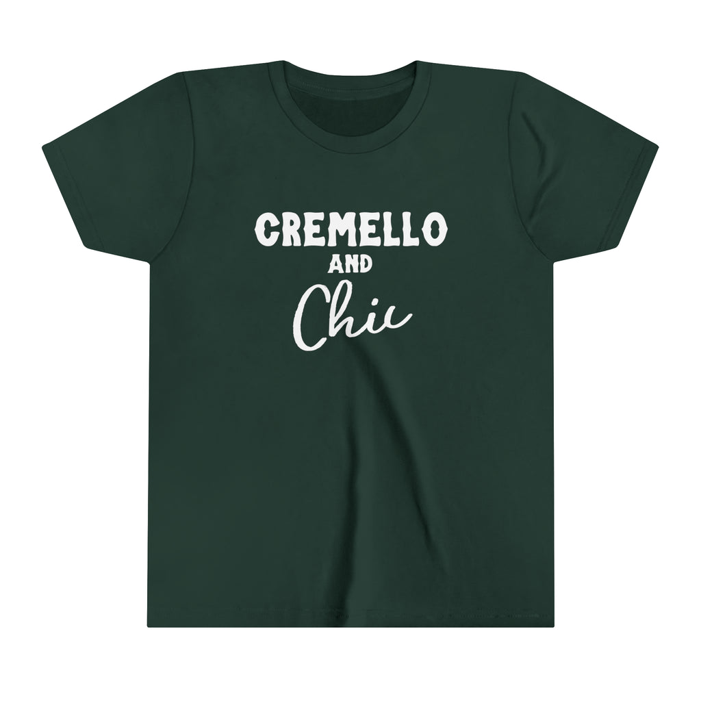 Forest youth short sleeve with white lettering reading "Cremello and Chic".