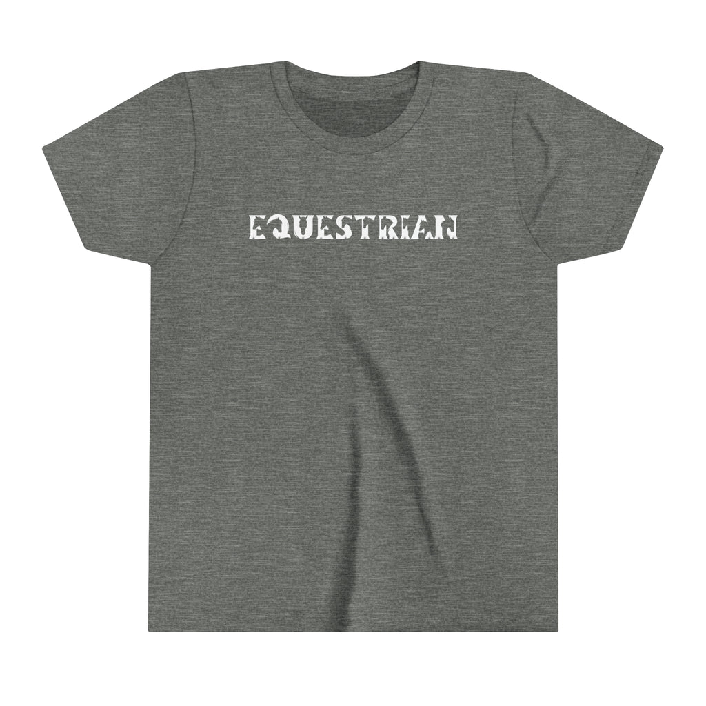 Grey youth short sleeve with white lettering reading "Equestrian" with horse cutouts in the lettering.