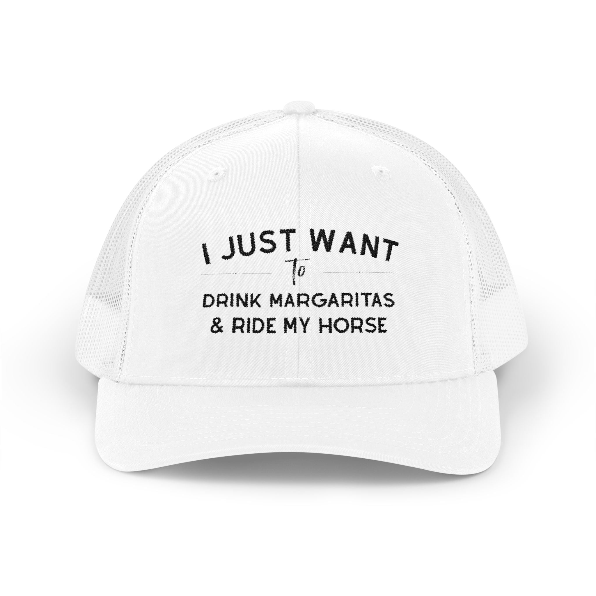 I Just Want To Drink Margaritas and Ride My Horse Trucker Hat Hats The Cinchy Cowgirl - Print White One size