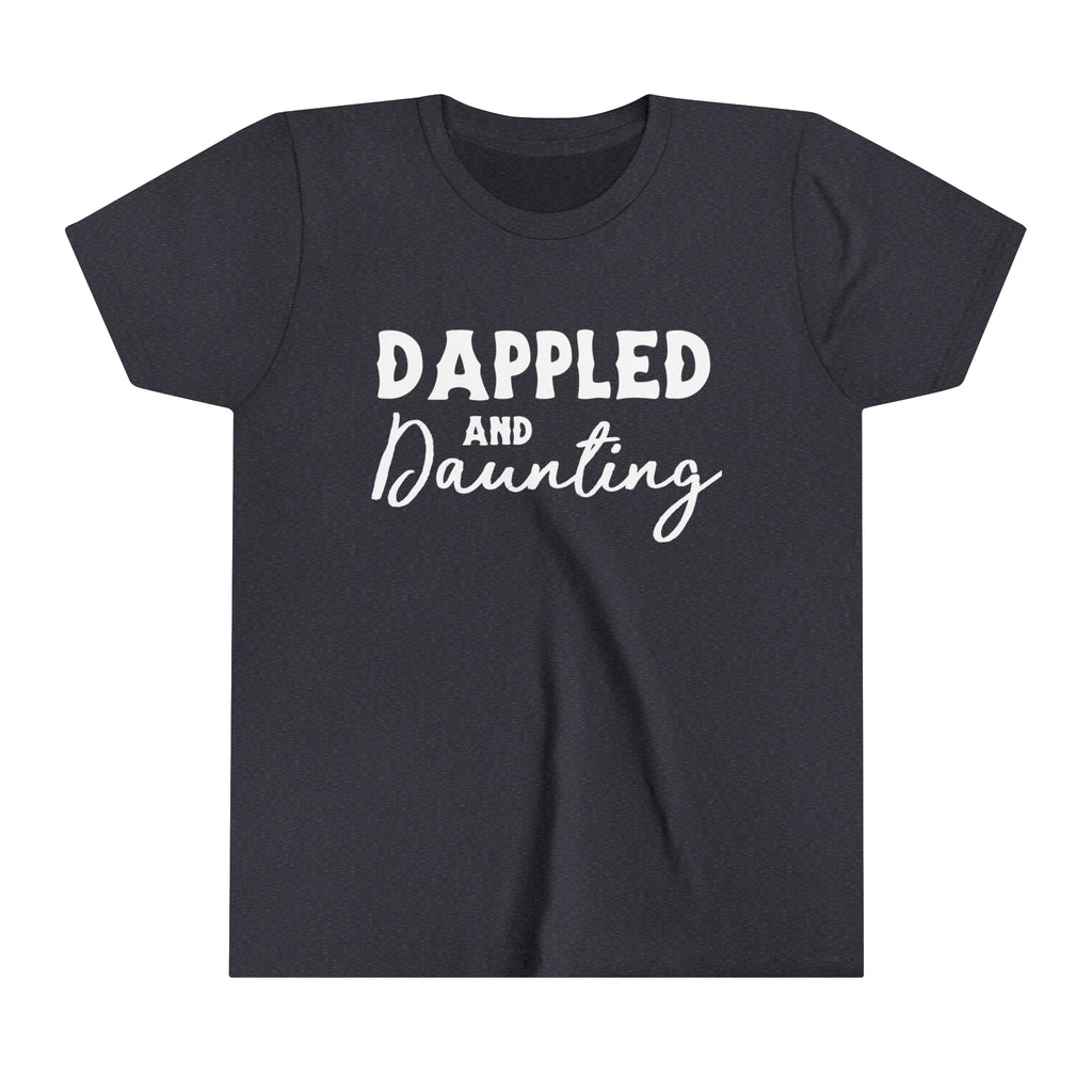Navy youth short sleeve with white lettering reading "Dappled and Daunting". 