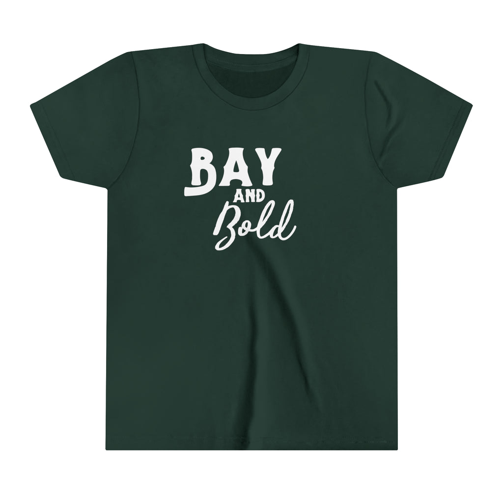 Forest youth short sleeve with white lettering reading "Bay and bold".