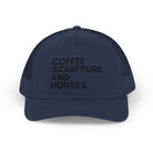 Embroidered Coffee Scripture and Horses Trucker Hat [23 Colors] Embroidered TCC Hat The Cinchy Cowgirl - Print Navy