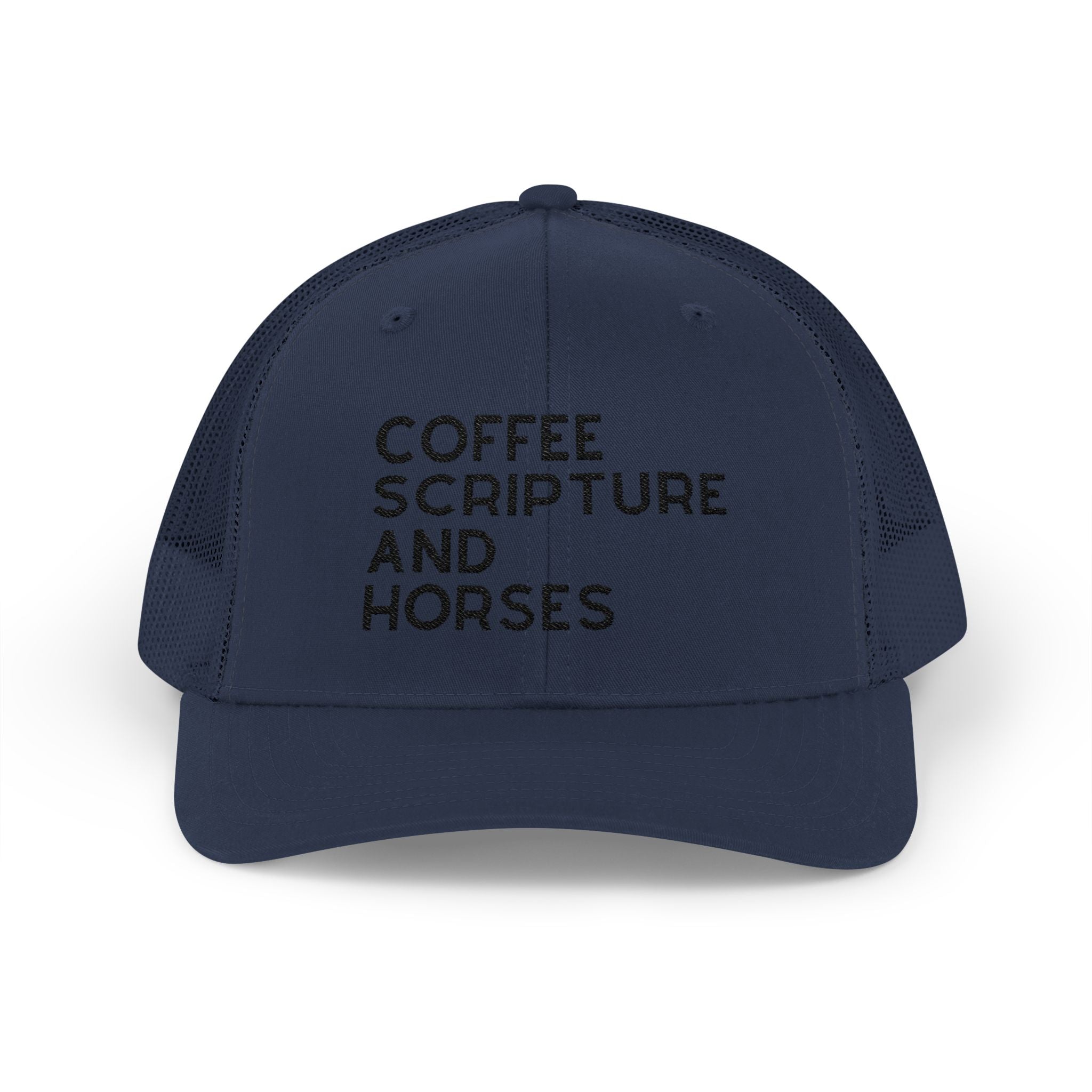 Embroidered Coffee Scripture and Horses Trucker Hat [23 Colors] Embroidered TCC Hat The Cinchy Cowgirl - Print Navy