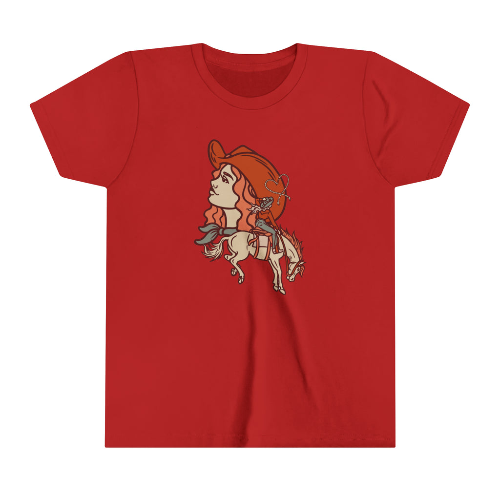 Red youth short sleeve with a cowgirl printed design and bronc horse with a cowgirl showing a cowgirl's personality. 