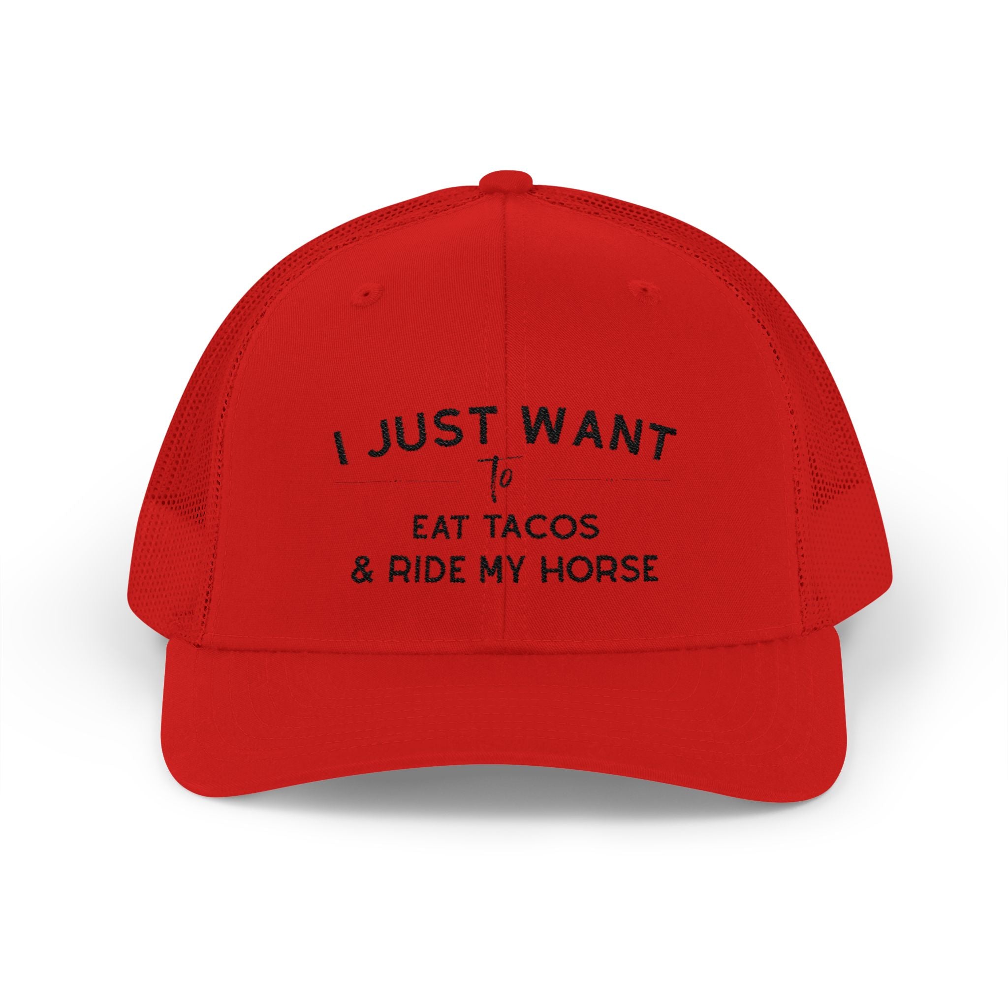 I Just Want To Eat Tacos And Ride My Horse Trucker Hat Hats The Cinchy Cowgirl - Print Red One size