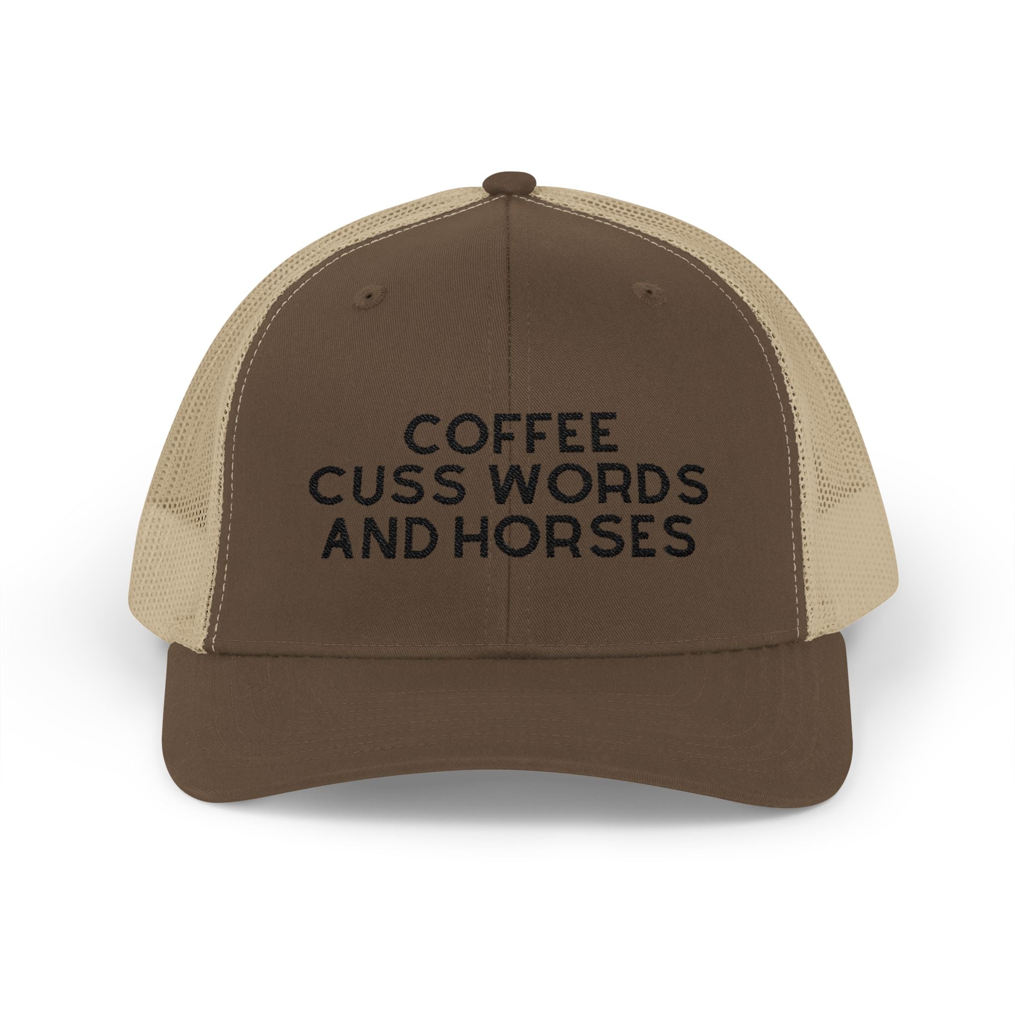 Coffee Cuss Words and Horses Trucker Hat Embroidered TCC Hat The Cinchy Cowgirl - Print Brown / Khaki
