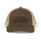 Coffee Cuss Words and Horses Trucker Hat Embroidered TCC Hat The Cinchy Cowgirl - Print Brown / Khaki