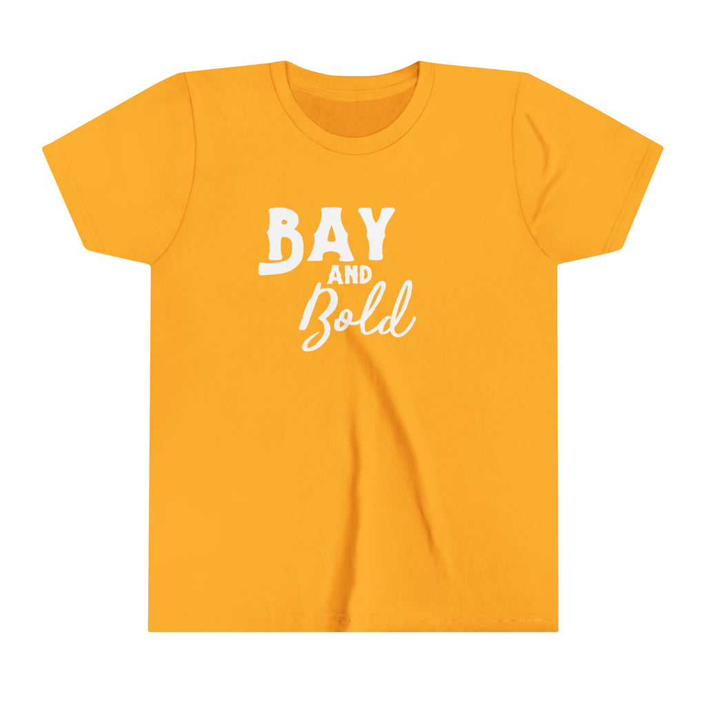 Gold youth short sleeve with white lettering reading "Bay and bold".