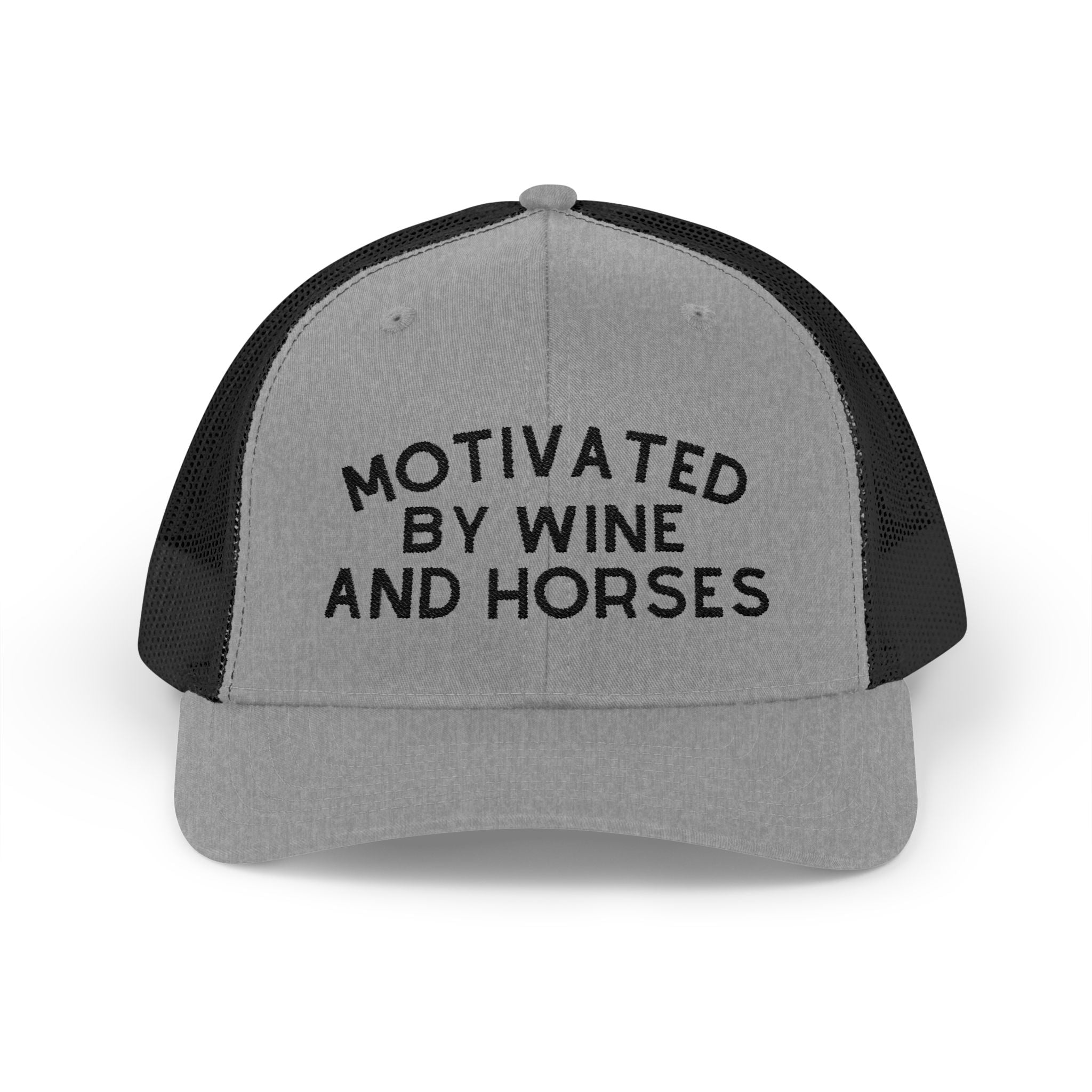 Motivated by Wine & Horses Trucker Hat Embroidered TCC Hat The Cinchy Cowgirl - Print Heather Grey / Black