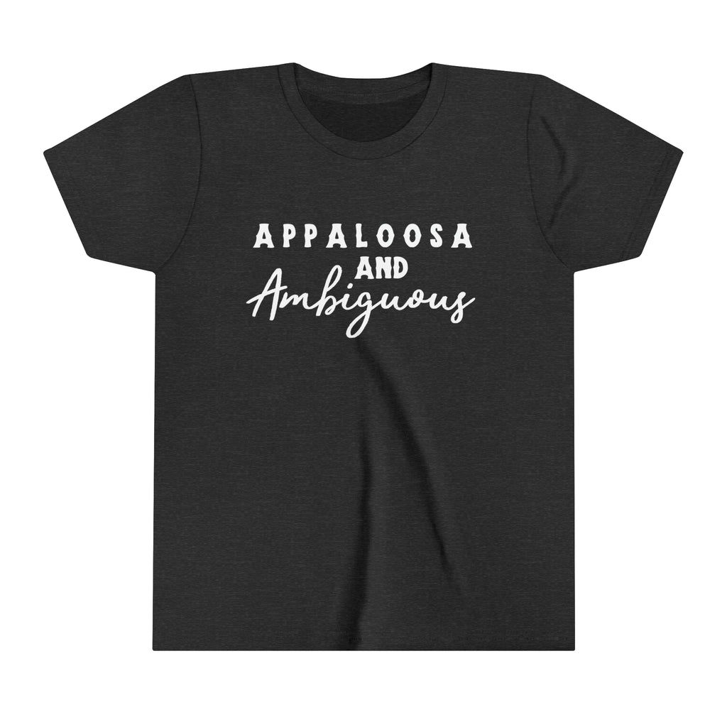 Western dark grey youth short sleeve with white lettering that reads "Appaloosa & Ambiguous".