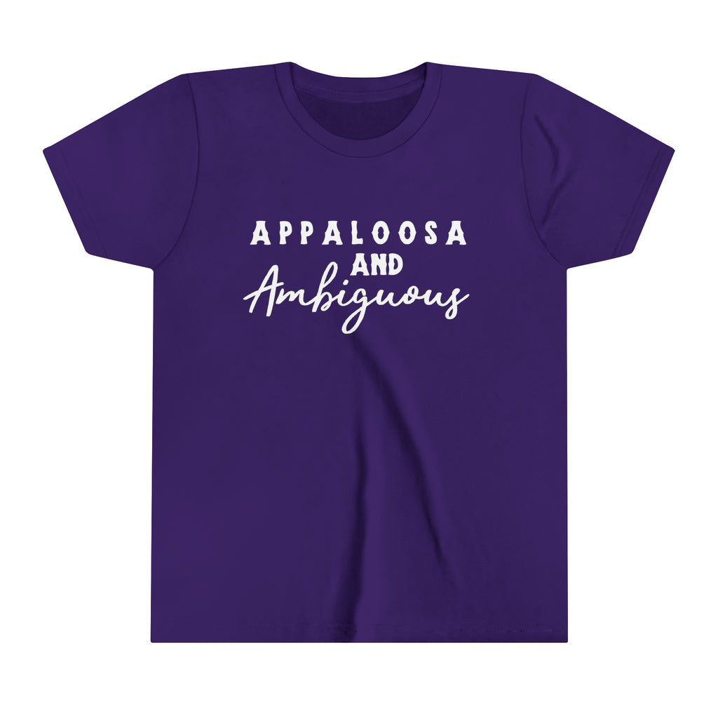 Western purple youth short sleeve with white lettering that reads "Appaloosa & Ambiguous".