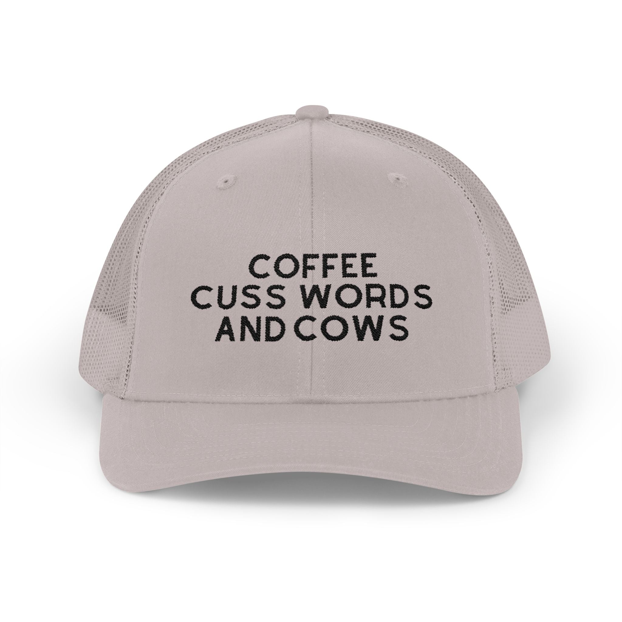 Coffee Cuss Words and Cows Trucker Hat Embroidered TCC Hat The Cinchy Cowgirl - Print Silver