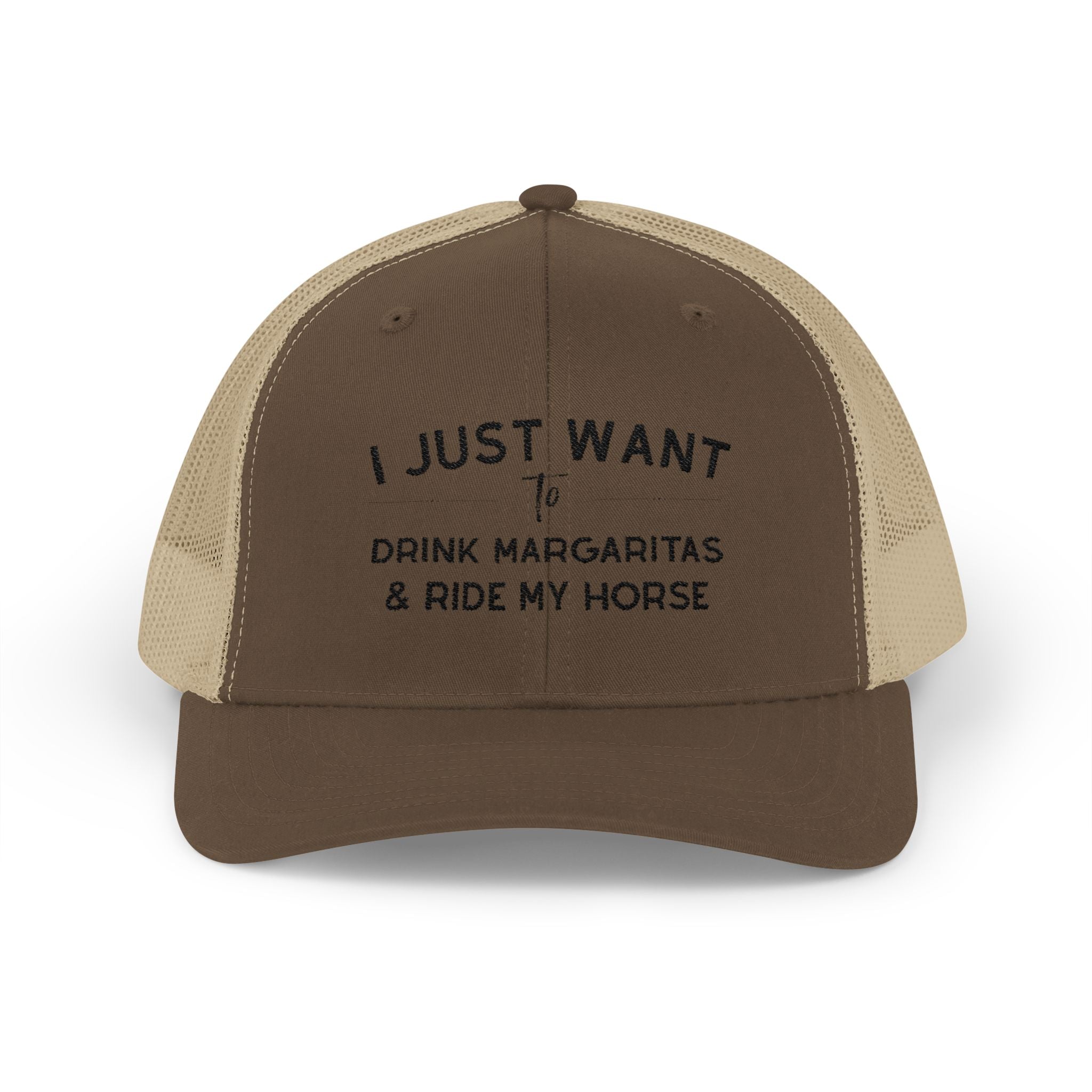 I Just Want To Drink Margaritas and Ride My Horse Trucker Hat Hats The Cinchy Cowgirl - Print Brown / Khaki One size