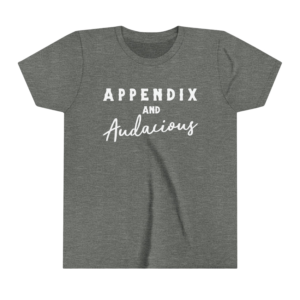 Grey youth short sleeve with white lettering that says "Appendix and Audacious".