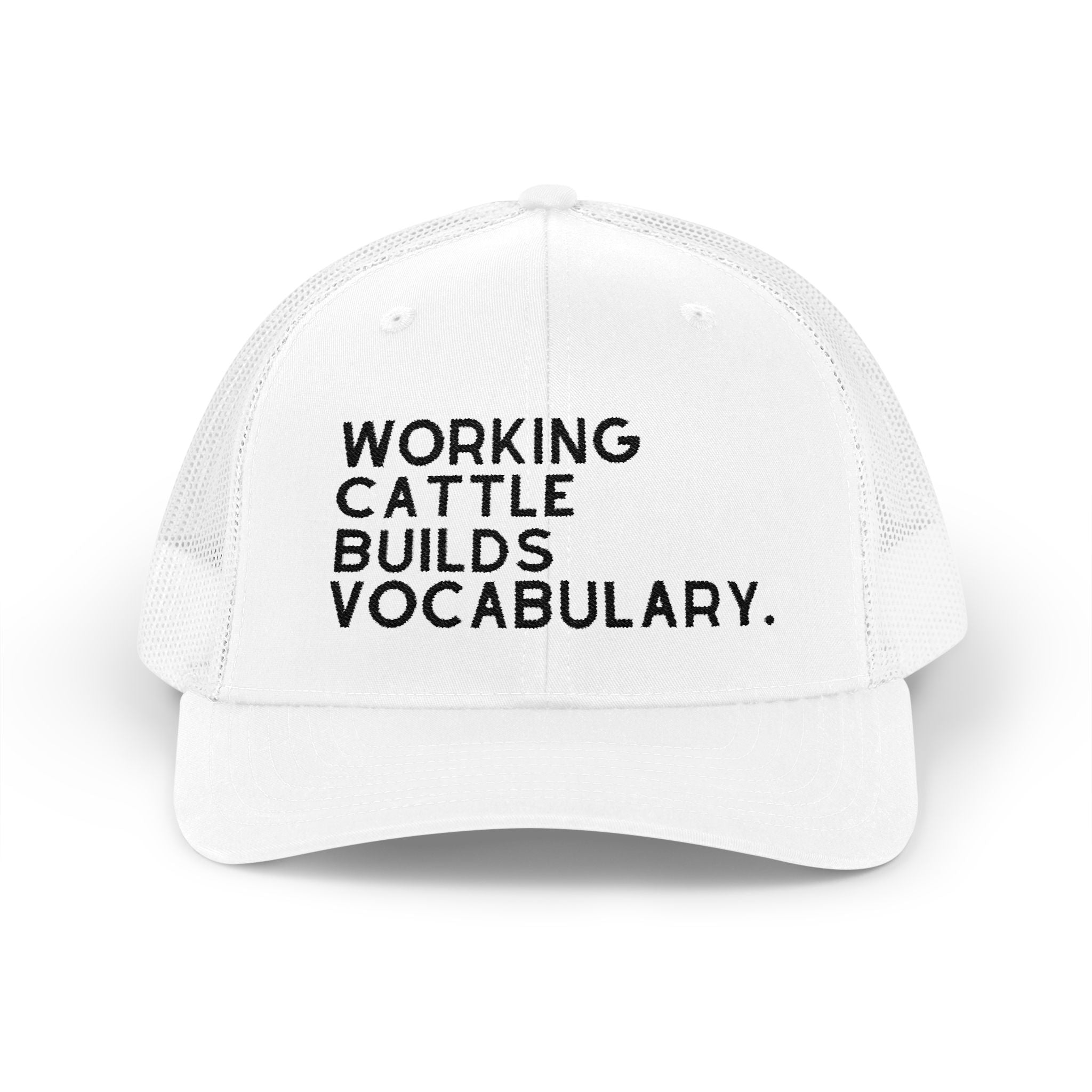 Embroidered Working Cattle Builds Vocabulary Trucker Hat [23 Colors] Embroidered TCC Hat The Cinchy Cowgirl - Print White