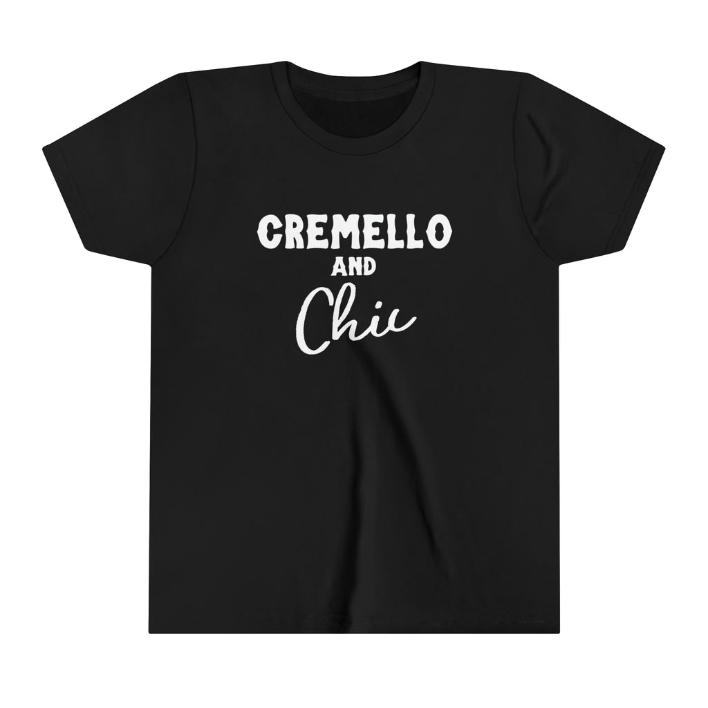 Black youth short sleeve with white lettering reading "Cremello and Chic".
