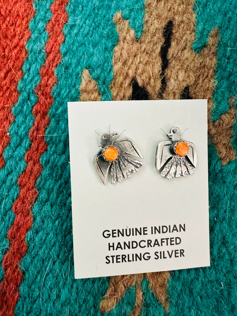 Navajo Sterling Silver & Orange Spiny Thunderbird Stud Earrings NT jewelry Nizhoni Traders LLC   