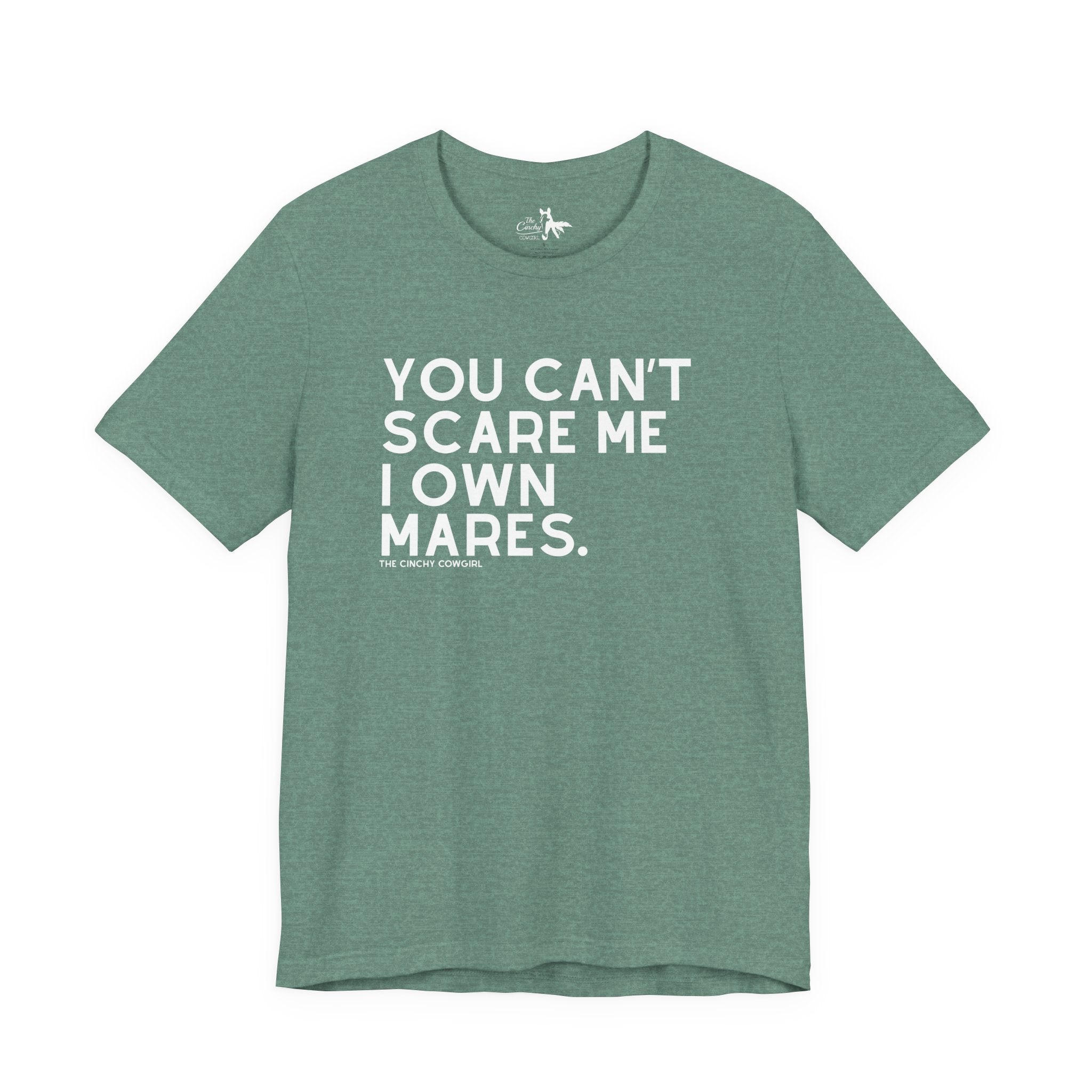 You Can't Scare Me I Own Mares Short Sleeve Graphic Tee T-Shirt The Cinchy Cowgirl - Print Heather Dusty Blue XS