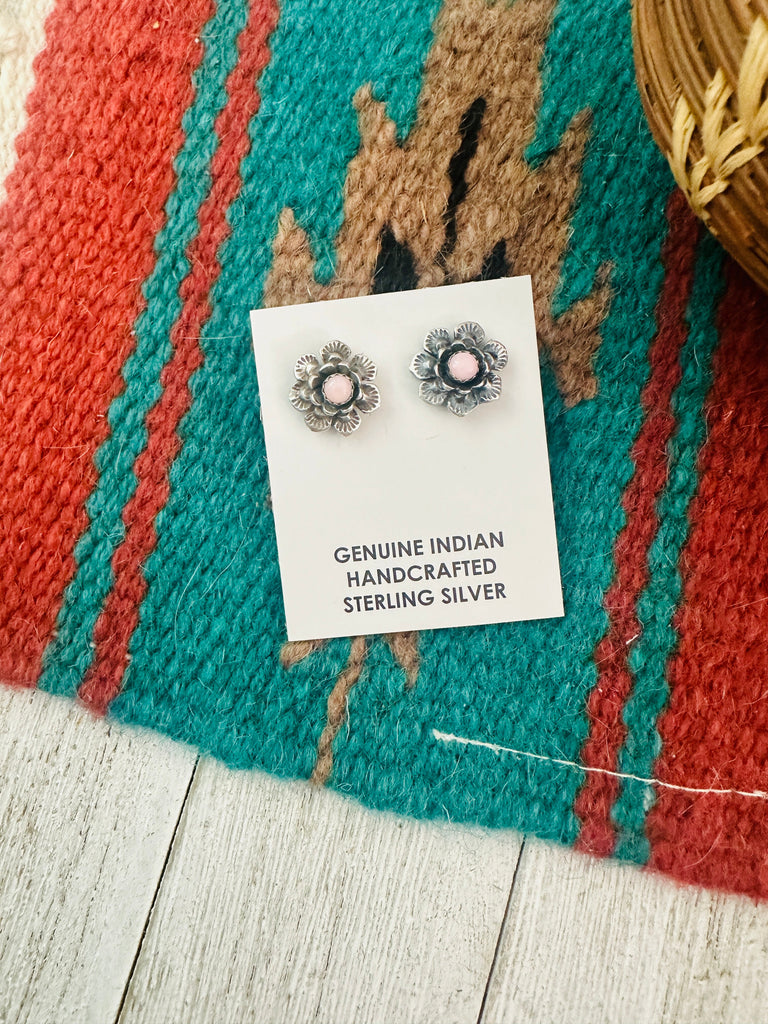 Navajo Sterling Silver & Queen Pink Flower Stud Earrings NT jewelry Nizhoni Traders LLC   
