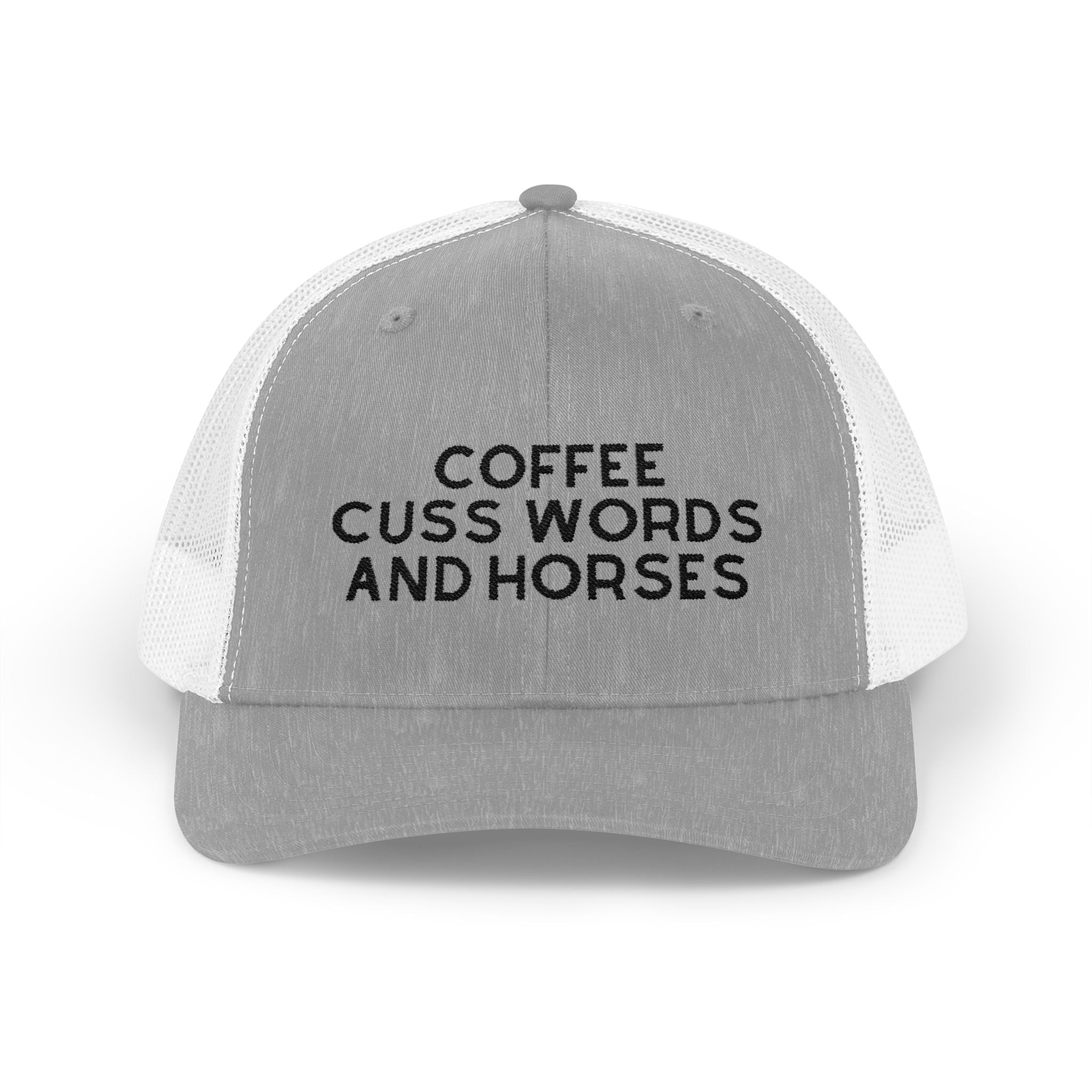 Coffee Cuss Words and Horses Trucker Hat Embroidered TCC Hat The Cinchy Cowgirl - Print Heather Grey / White