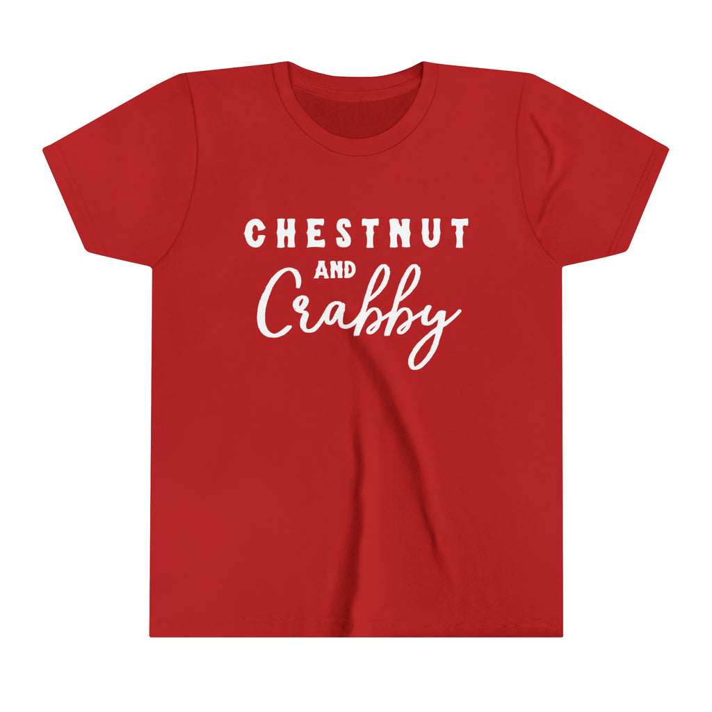 Red youth short sleeve with white lettering reading "Chestnut and Crabby".