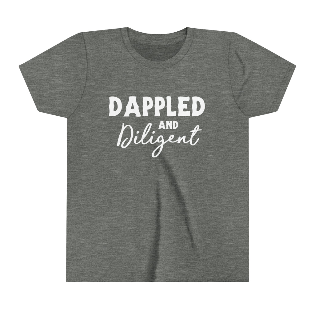 Grey youth short sleeve with white lettering reading "Dappled and Diligent". 