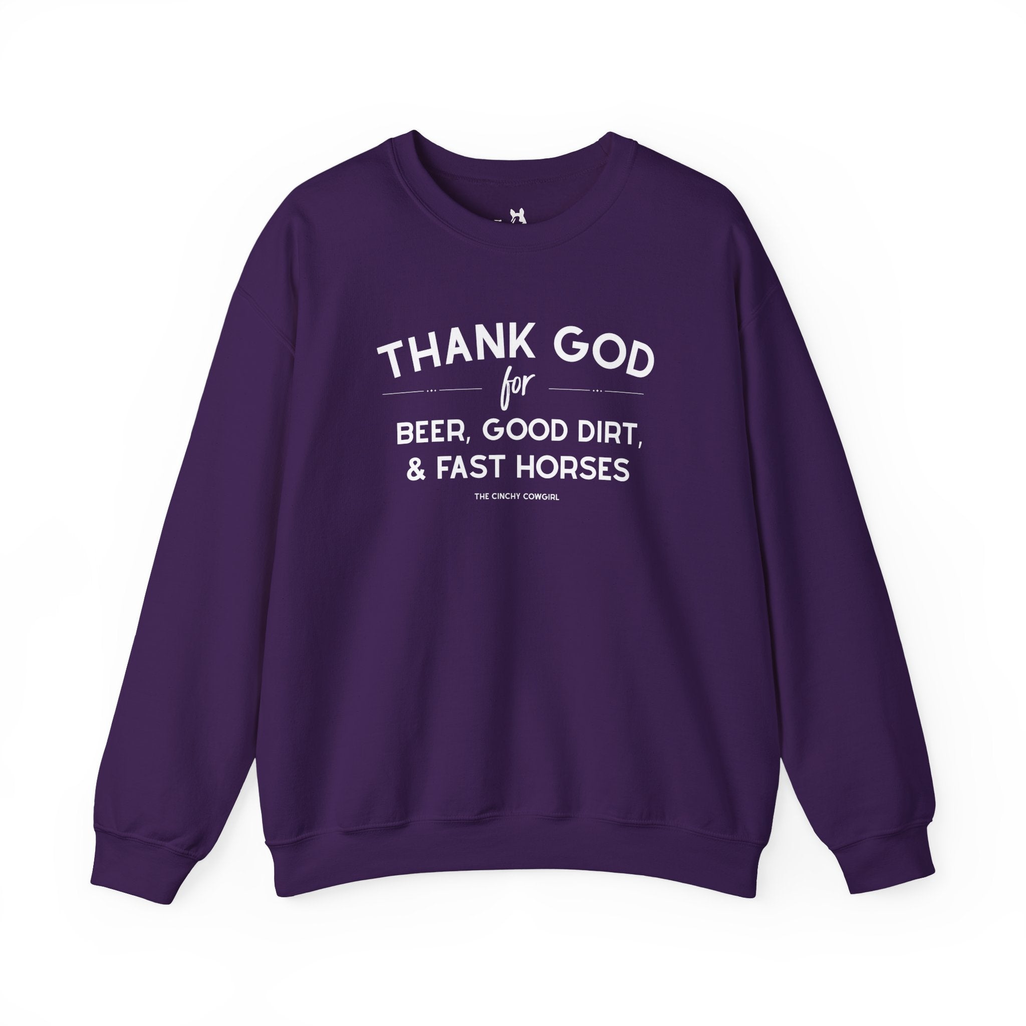Thank God for Beer, Good Dirt & Fast Horses Pullover tcc pullover The Cinchy Cowgirl - Print S Purple