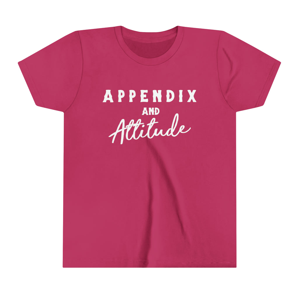 Berry youth short sleeve with white lettering that says "Appendix and Attitude".