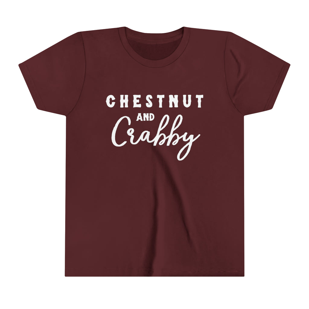 Maroon youth short sleeve with white lettering reading "Chestnut and Crabby".