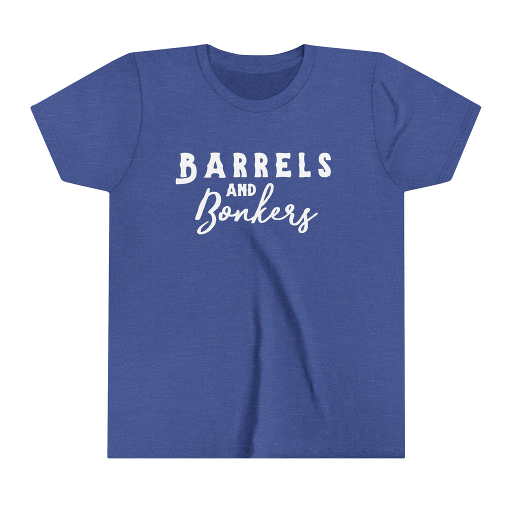 Royal youth short sleeve with white lettering reading "Barrels and Bonkers".